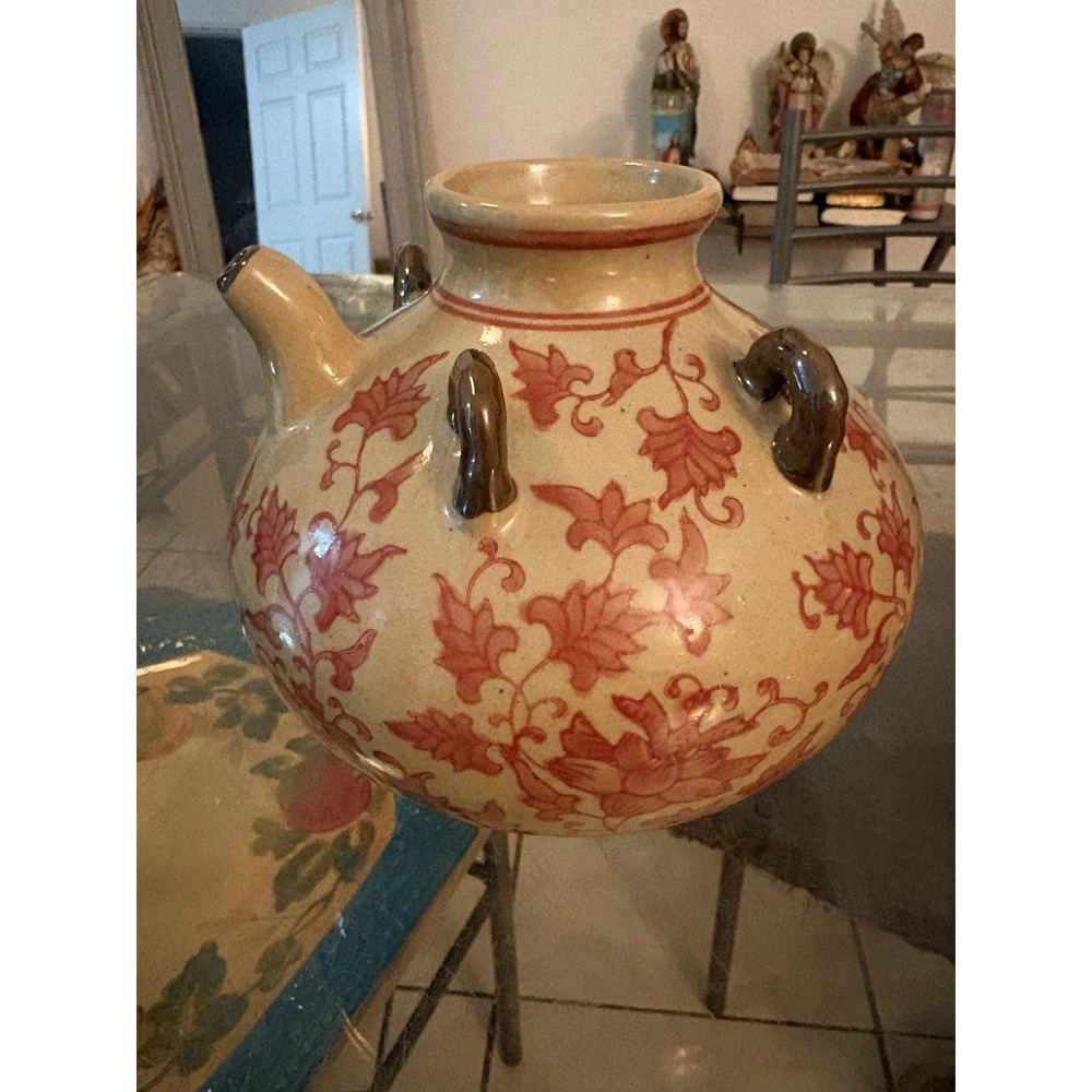 VTG Chinese Floral Ceramic Wine Oil Jar Urn Spout 4 Lug Handles Red Tan Decor